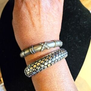 Vintage Crystal X and Pebbled Silver-tone Magnetic Hinged Bracelets (2)